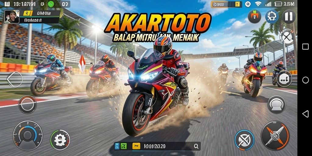 Tampilkan keseruan gameplay balap motor AKARTOTO di lintasan menantang.