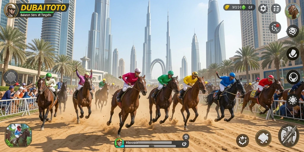 Tangkapan layar gameplay DUBAITOTO menampilkan aksi balapan yang mendebarkan.