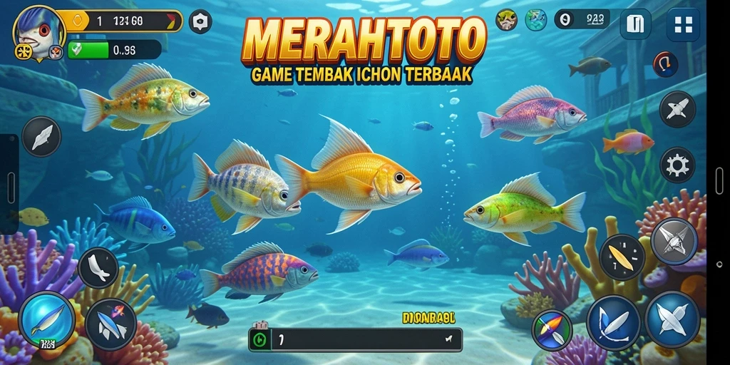 Tampilan gameplay seru dalam MERAHTOTO dengan aksi tembak ikan.