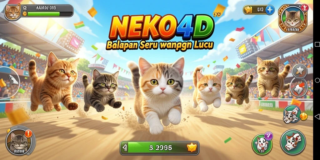 Tampilan gameplay seru NEKO4D dengan kucing balapan.