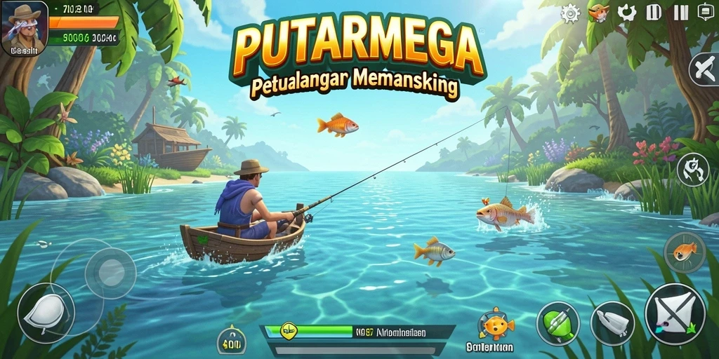 Screenshot utama PUTARMEGA menunjukkan gameplay memancing yang seru.