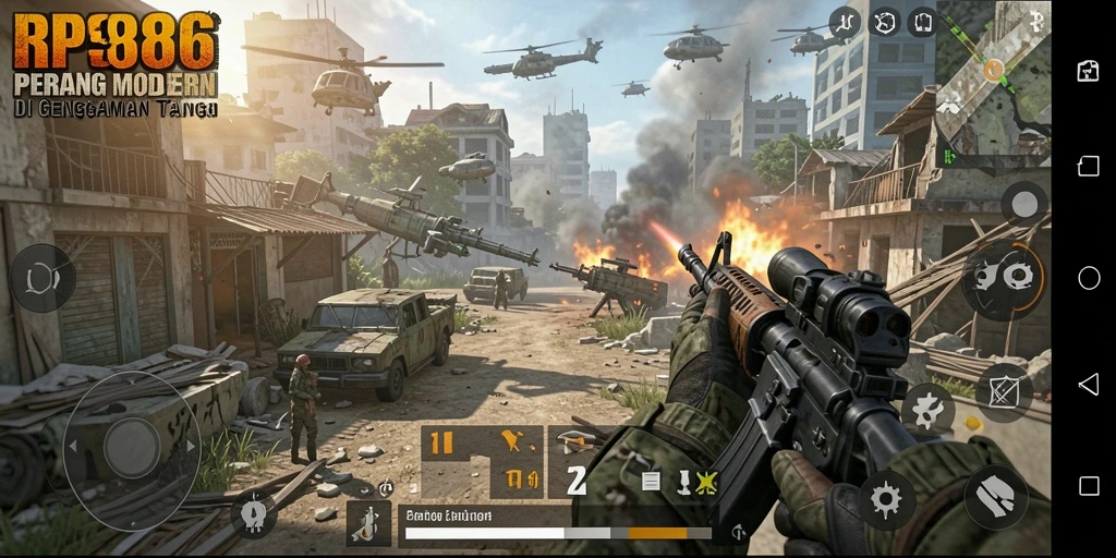 Gameplay seru dengan aksi perang yang mendebarkan di RP886.