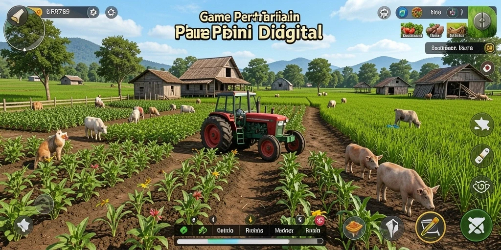 Screenshot utama RR789 menampilkan suasana ladang pertanian yang hidup.