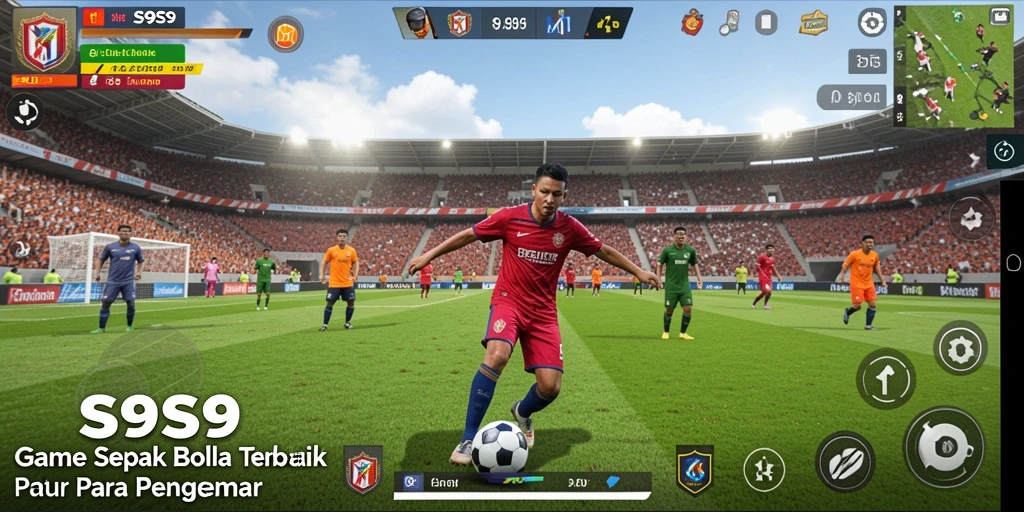 Screenshot gameplay S9S9 yang menunjukkan aksi seru di lapangan sepak bola.