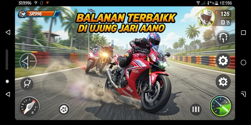 Gameplay seru SR996 dengan motor balap yang cepat.