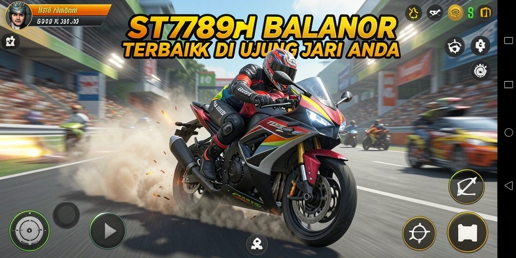 Screenshot ST789 menunjukkan aksi balapan motor yang mendebarkan.